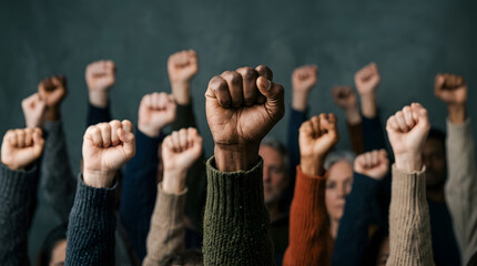 Raised fists in solidarity a photograph depicting a diverse group of people protesting activism advocacy. Generative AI image