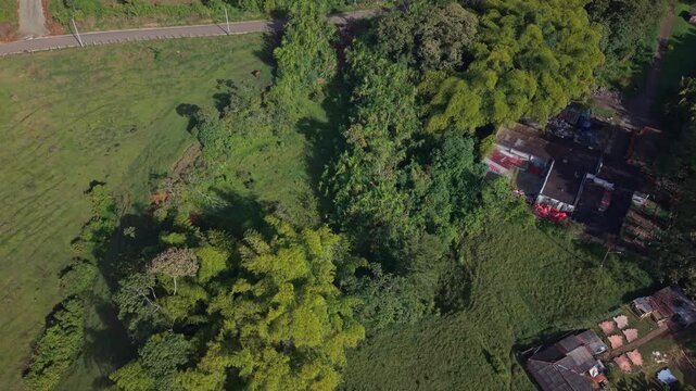 Aerial view of rural farmland, lush greenery, and traditional houses in Jerico, Colombia
