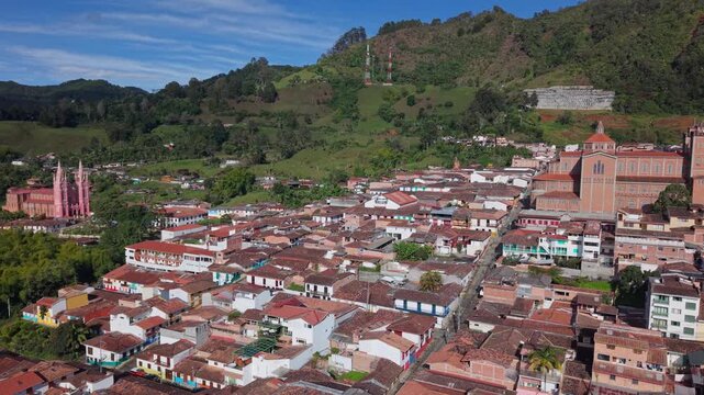 Aerial view of Jerico, Colombia with colorful buildings and lush green hillsides