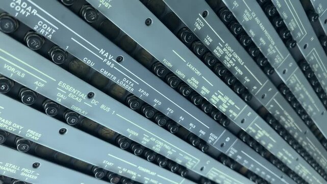 Rows of Circuit Breakers on Overhead Panel in Airliner Airplane CU