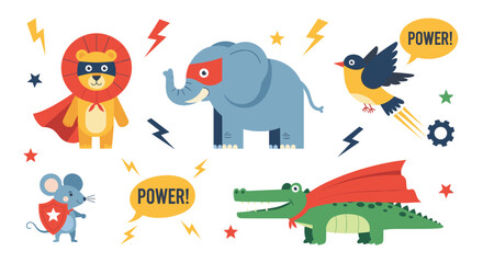 Fototapeta premium Cute collection of superhero animals including a lion elephant bird mouse and crocodile wearing masks and capes for kids design.