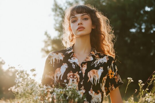Young caucasian woman in nature wearing dog print shirt