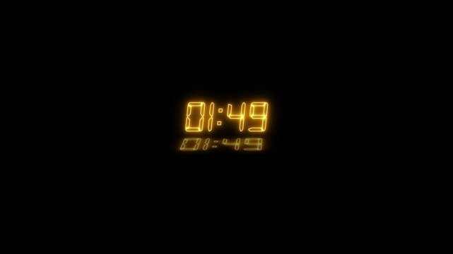 Countdown timer 2 minutes with orange neon shining glow text and surface reflection animation on black background. Reflection analog clock icon.