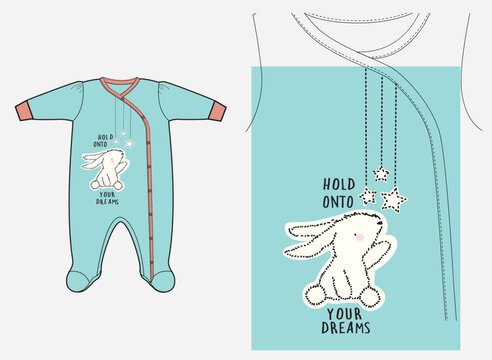 Baby sleepsuit vector flat sketch template. Infant side-snap romper tech pack mockup with cute stitched bunny graphic. Newborn footie apparel CAD illustration.