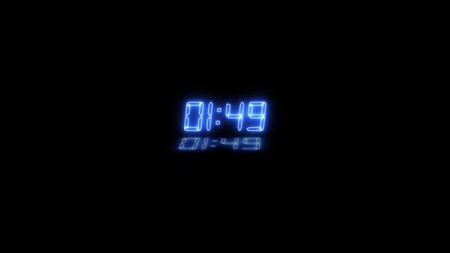 Countdown timer 2 minutes with blue neon shining glow text and surface reflection animation on black background. Reflection analog clock icon.
