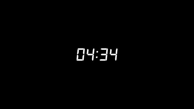 Animation of digital five minute countdown timer. 5 minute stopwatch , analog icon animation on white background.