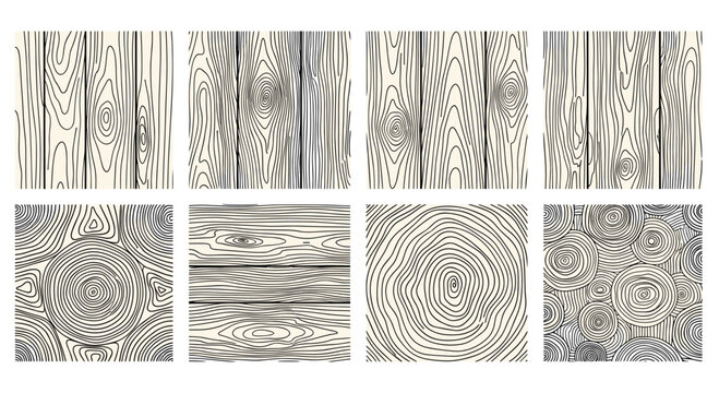 Collection of natural wood grain textures and timber patterns including both vertical planks and circular log cross-sections for rustic design.