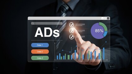 Fototapeta premium Businessman touching digital screen with online advertising analytics and charts