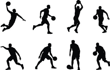 Vector set of black basketball player silhouettes in action running dribbling shooting and slam dunking isolated on white background © tajwar