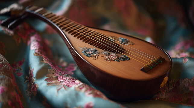 pipa. Exquisite pipa lute resting on embroidered silk fabric with curved headstock. event programs, museum guides, designed for cultural heritage projects and event programs, preserves heritage.