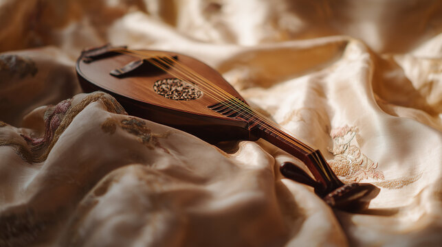 pipa. Exquisite pipa lute resting on embroidered silk fabric with curved headstock. event programs, museum guides, designed for cultural heritage projects and event programs, preserves heritage.