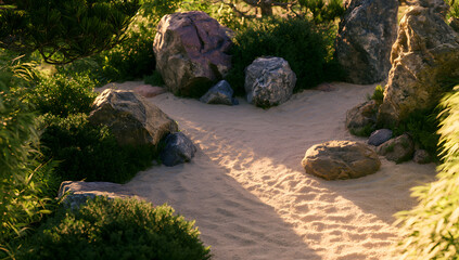 Obraz premium A garden pattern with a sand base, incorporating greenery and rocks.
