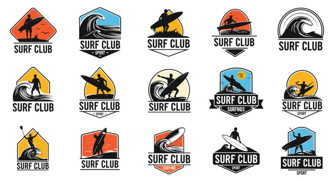 Retro surf club emblems and badges featuring surfers catching waves under sunbeams for beach lifestyle and apparel branding.