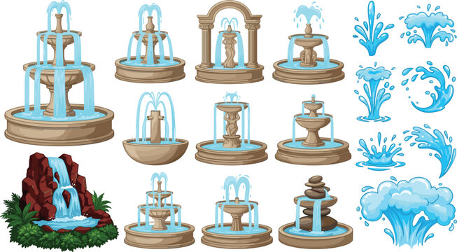 Water Fountain Vector Set with Tiered Garden Fountains Backyard Rock Waterfall and Blue Liquid Splashes Isolated on White Background for Landscape Architecture Designs