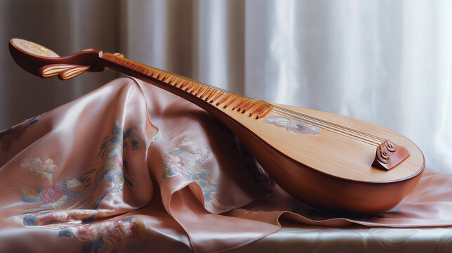 pipa. Exquisite pipa lute resting on embroidered silk fabric with curved headstock. event programs, museum guides, designed for cultural heritage projects and event programs, preserves heritage.
