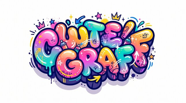 Glossy bubble graffiti text "CUTE GRAFF" in rainbow gradients with crowns, stars, spray cans, and paint drips. Vibrant kawaii sticker style with 3D shading and highlights.