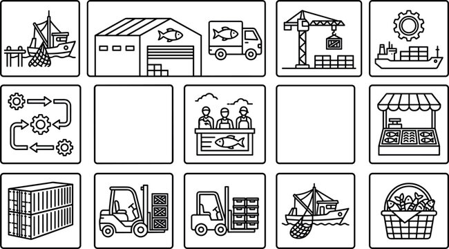 Seafood supply chain and commercial fish logistics line icon set featuring shipping cargo, warehouse transport, port crane and market retail.