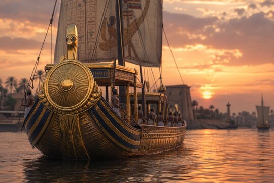 A majestic Nile barge with a gilded sun disk prow sailing at dusk on calm waters.
