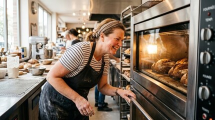 Obraz premium Female baker in a striped shirt and apron leans forward smiling as she inspects golden loaves baking in a commercial oven. Sunlight from large windows
