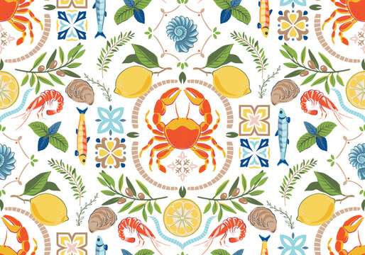 Vector summer seamless pattern. Hand drawn illustration with sea animals, shells, fish, lemons. Mediterranean beach surface print design, summer vacation endless background