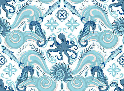 Vector summer seamless pattern. Hand drawn illustration with sea animals, shells, fish. Mediterranean beach surface print design, summer vacation endless background