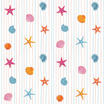 Seamless marine pattern with colorful starfish and shells on striped background for beach and ocean themes.