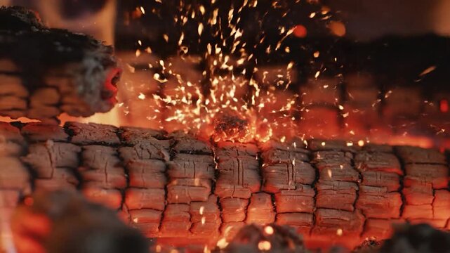 Macro View of Glowing Charcoal Embers and Wooden Logs Burning in a Warm Cozy Fireplace