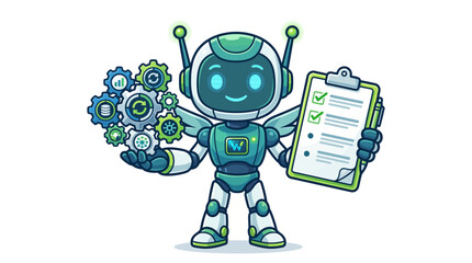 Fototapeta premium A friendly green robot holding a mechanical gear assembly and a clipboard with a checklist.