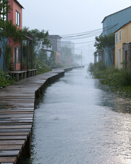 Obraz premium Misty morning coats a quiet canal. Wooden walkway stretches alongside calm, reflective water. Colorful houses line both sides, softened by fog. Overhead wires trace the sky's hazy boundary