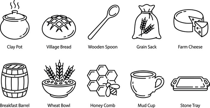 Traditional village breakfast and rustic farm food line icon set featuring claypot bread grain cheese honey wheat vector illustration