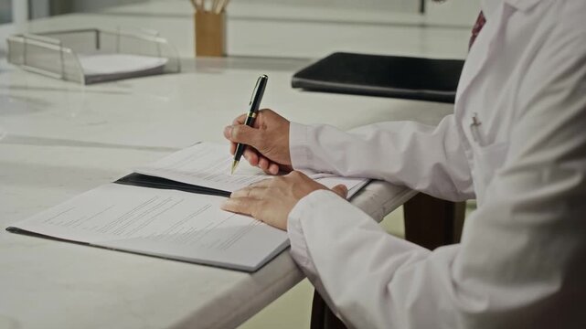 Cropped shot of young engineer wearing lab coat opening folder and signing contract during oil industry meeting. Perfect for energy sector corporate communications and industrial marketing
