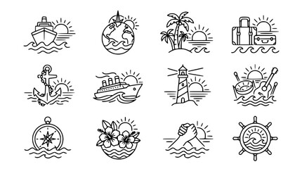 Fototapeta premium Travel Icons Set: Cruise Ship, Island, Globe, Anchor, Lighthouse, Compass, Suitcase, Music, Flowers, Ship Wheel