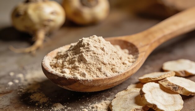 Maca Root Powder with Capsules and Dried Roots Flat Lay