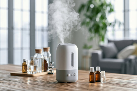 Home medical setup with ultrasonic inhaler device on clean wooden table, essential oils and saline solution nearby, bright hygienic interior, modern wellness healthcare aesthetic