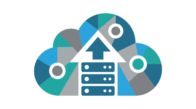 Cloud upload icon with server racks and geometric pattern, data backup, file transfer illustration.