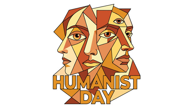 Humanist Day Geometric Illustration Showcasing Diverse Faces and Unity