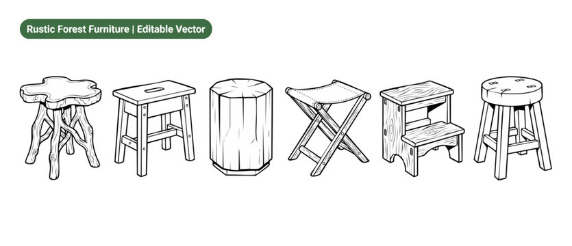 Wooden stool vector line art set featuring rustic forest furniture, log chairs, folding seats, and step stools isolated on white background for coloring book page, minimalist home decor design.