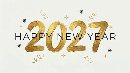 Happy New Year 2027 typography banner with golden paint brush strokes and sparkling confetti elements © Muhammad