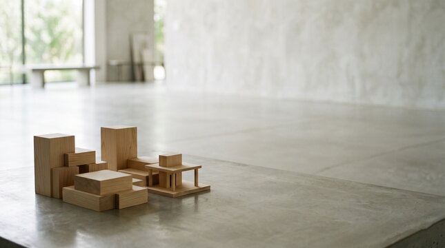 Wooden architectural model on a concrete table in a minimalist studio with large copy space