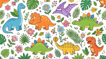 Fototapeta premium Colorful dinosaurs and tropical jungle foliage seamless pattern