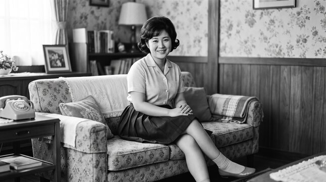 昭和の日本人女性：昭和50年代のレトロな応接室で、ブラウスとミニスカートを身にまといソファーの上で恥ずかしそうに微笑む20代日本人女性のモノクロポートレート