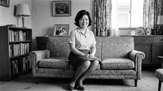 昭和の日本人女性：昭和50年代のレトロな応接室で、ブラウスとミニスカートを身にまといソファーの上で恥ずかしそうに微笑む20代日本人女性のモノクロポートレート