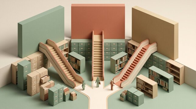 High end isometric papercraft illustration of architectural escalators hitting a wall representing decision paralysis