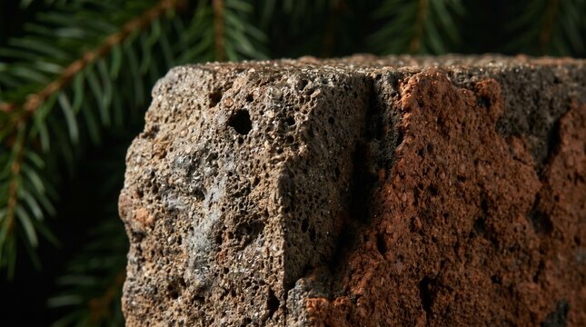Textured volcanic stone block with pine branches backdrop