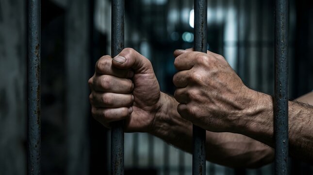 Prisoner's Hands Gripping Jail Bars in Dark Cell