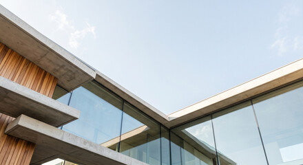 Fototapeta premium Low angle view of modern concrete architecture with glass windows and wooden cladding against a blue sky with copy space