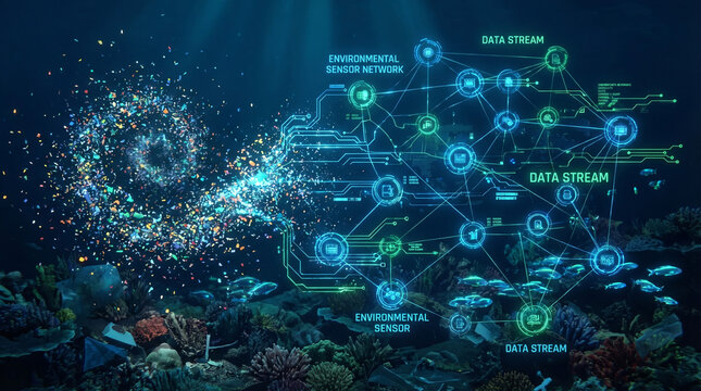 Ocean microplastic pollution in coral reef, monitored by environmental data streams.