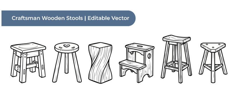 Wooden stool vector line art set of craftsman furniture designs showing different seat shapes like step stool, barstool, and rustic wood block chair designs for DIY carpentry projects and planning.