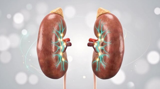 3D Medical Animation of Human Kidneys with Adrenal Glands and Glowing Nerves