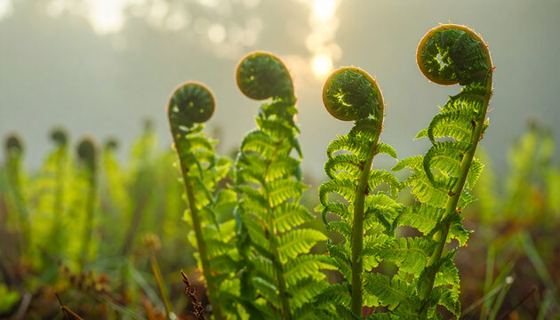 Fern fronds emerging sunlight